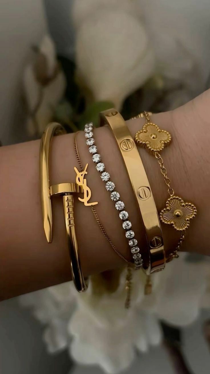 High Society Stack - Set of 4 ( Tennis Bracelet, Gold Clover Bracelet, Nail & Love Bracelets )