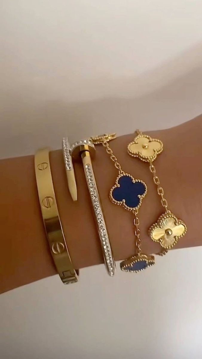 Festivity Stack- Set of 4 ( Diamond Studded Nail Bracelet, Gold & Navy Blue Clover Bracelets, Cartier Love Bracelet )
