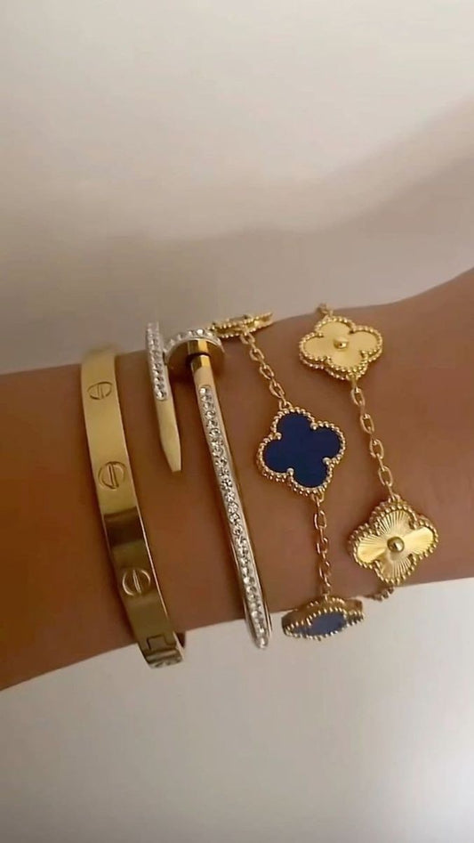 Festivity Stack- Set of 4 ( Diamond Studded Nail Bracelet, Gold & Navy Blue Clover Bracelets, Cartier Love Bracelet )